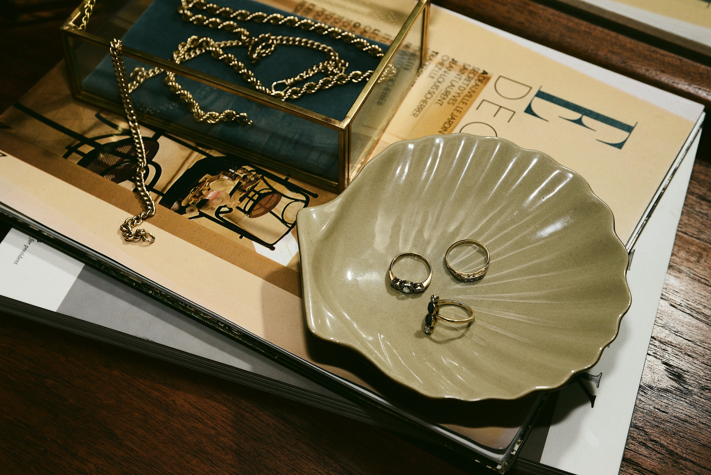 Vintage gold rings. Vintage gold chain. Vintage lifestyle image.